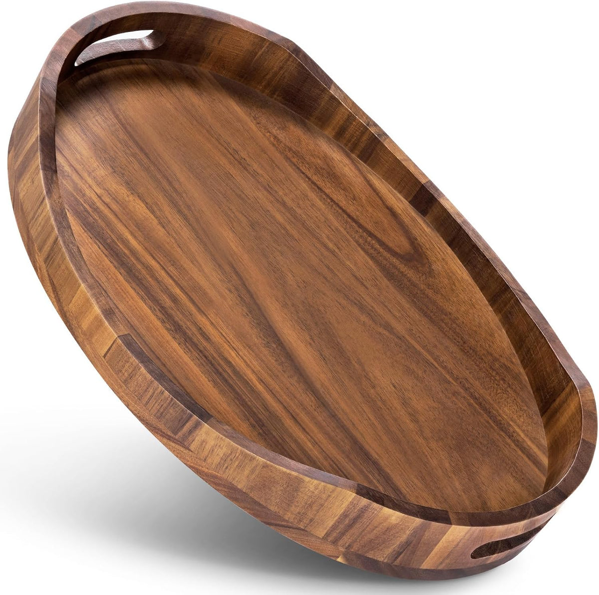 HouseJoy Wood Serving Tray with Handle,Ottoman Tray with High Edge
