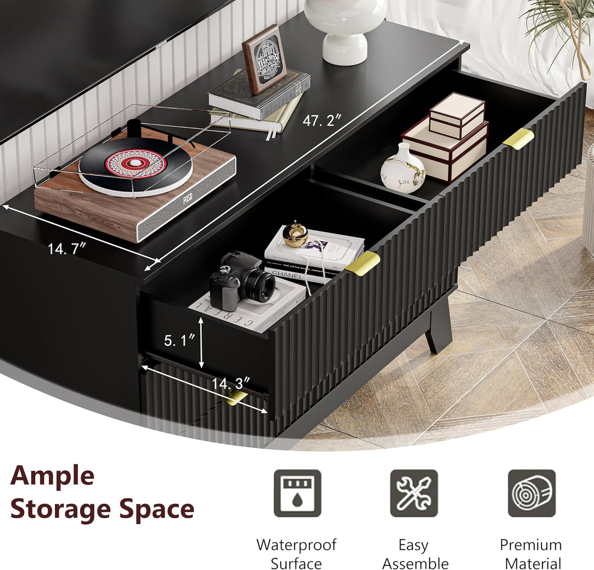 Black Dresser 6 Drawer Dresser for Bedroom, 47''W Fluted Wooden Dress...