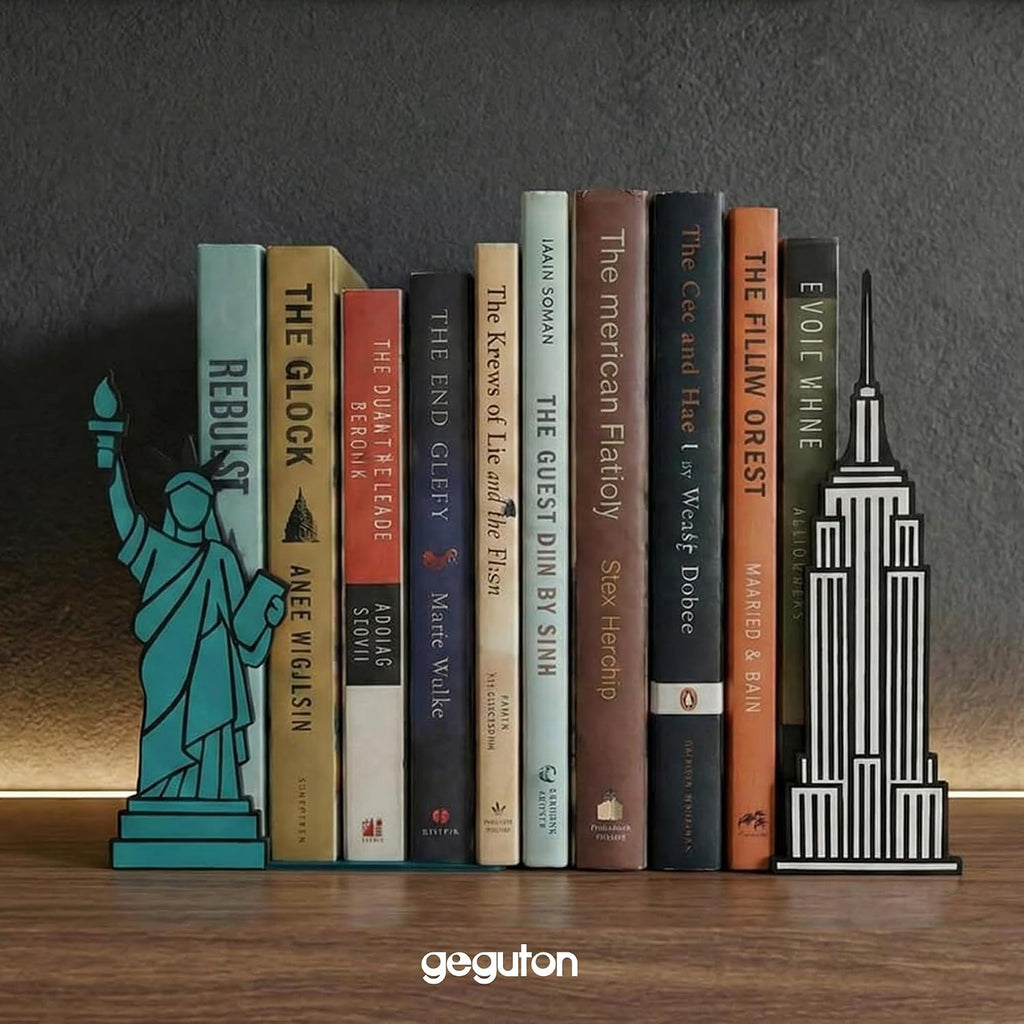 NYC Bookends with Statue of Liberty and Empire State Building Design - Steel with Epoxy Coating - Decorative Pair of Book Holders for Shelves, Desk, and Office - Geguton