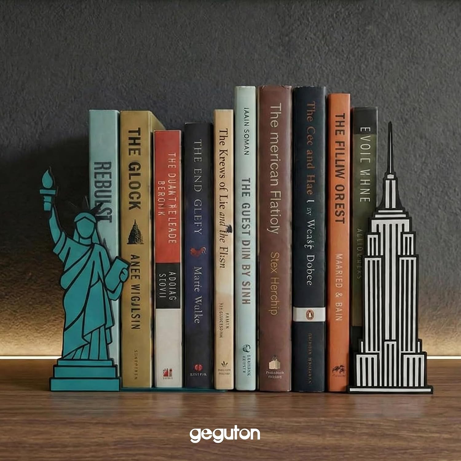 NYC Bookends with Statue of Liberty and Empire State Building Design - Steel with Epoxy Coating - Decorative Pair of Book Holders for Shelves, Desk, and Office - Geguton