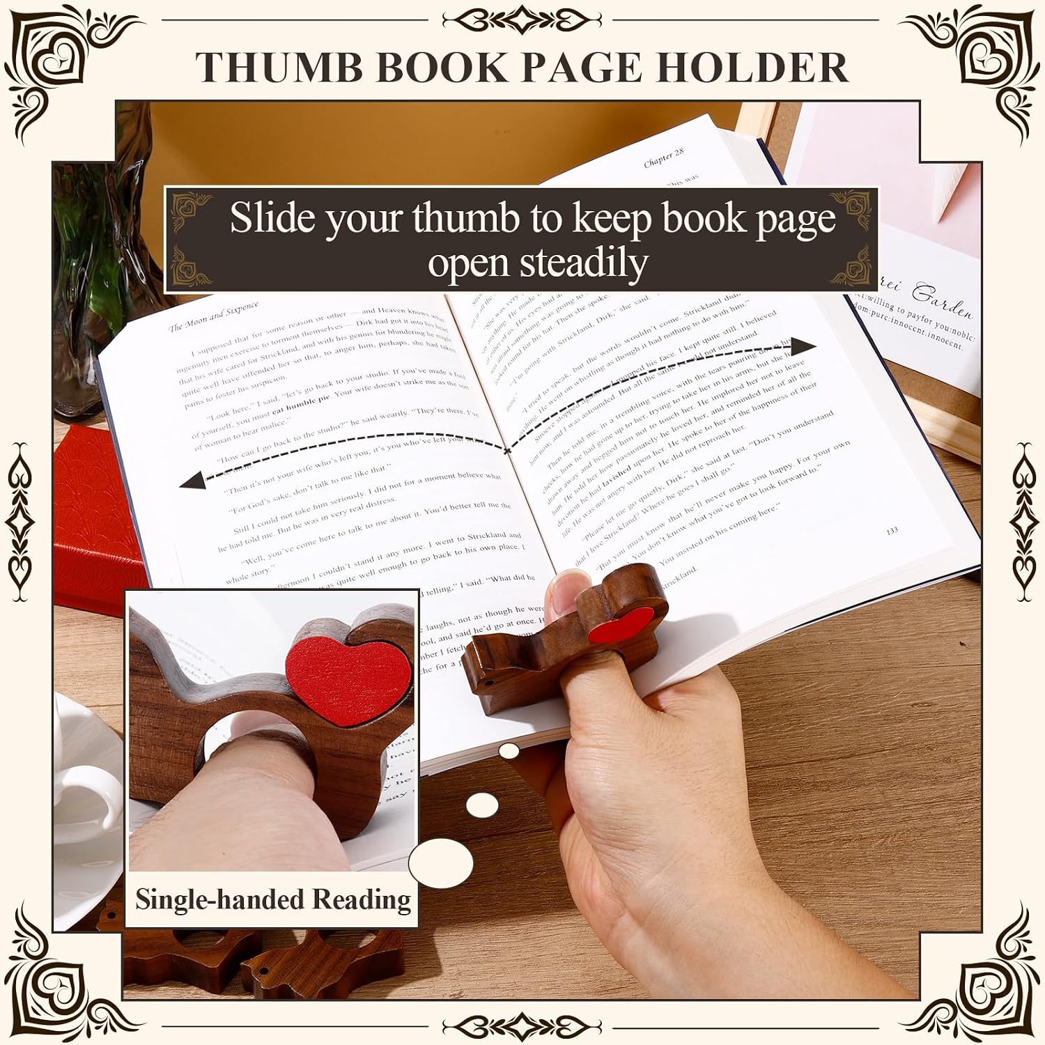 Cat Book Page Holder with Detachable Heart Gifts for Valentine's Day,Walnut Thumb Book Page Holders for Reading,Book Opener Holder Reading Accessories for Book Lovers with Gift Box (Large 0.94")
