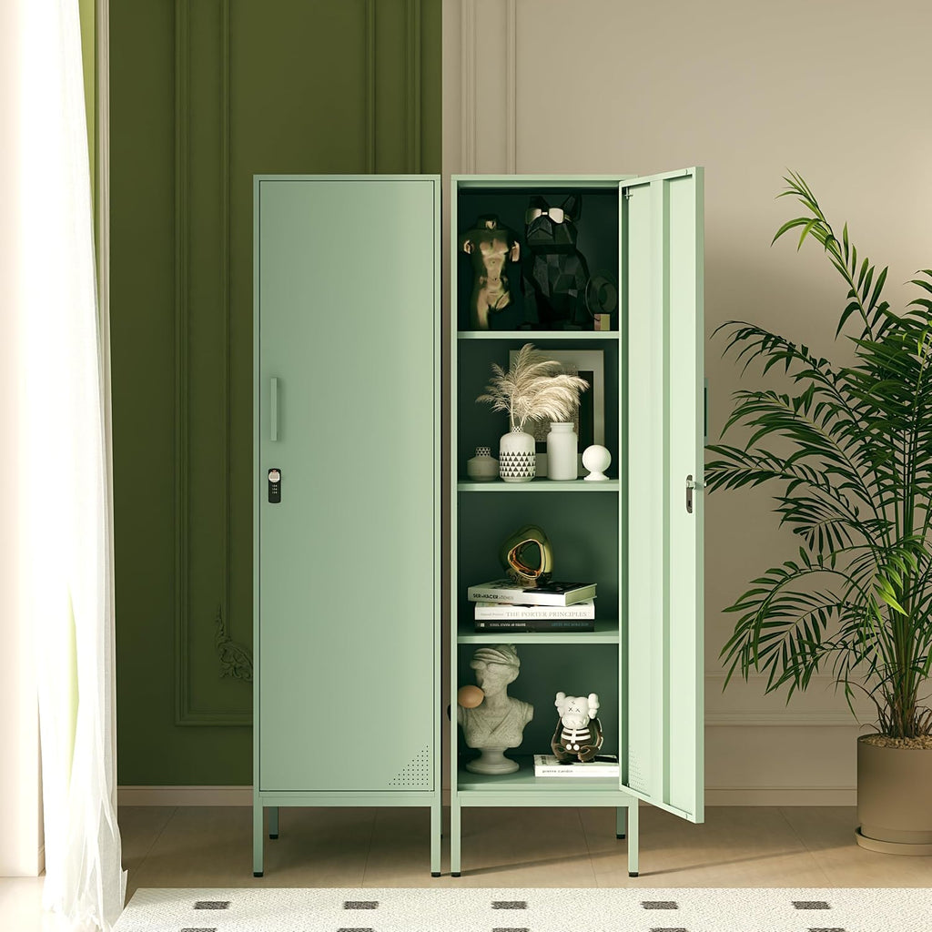 Green Metal Locker Cabinet, 59.1" Lockable Storage Locker for Employees with Adjustable Shelves, Locking File Cabinet Door for Office, School, Gym, Garage