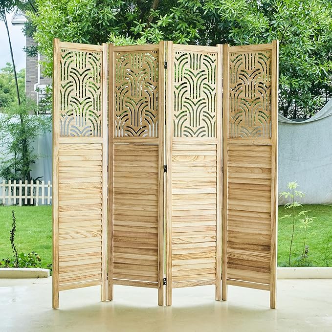 Svimi Folding Room Divider, 66.9 Inch 4 Panels Wood Carved Privacy Screens - Image 9