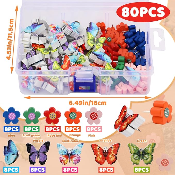 80 Pcs Push Pins for Cork Board, Decorative Thumb Tacks Wooden Push Pins Head - Image 2