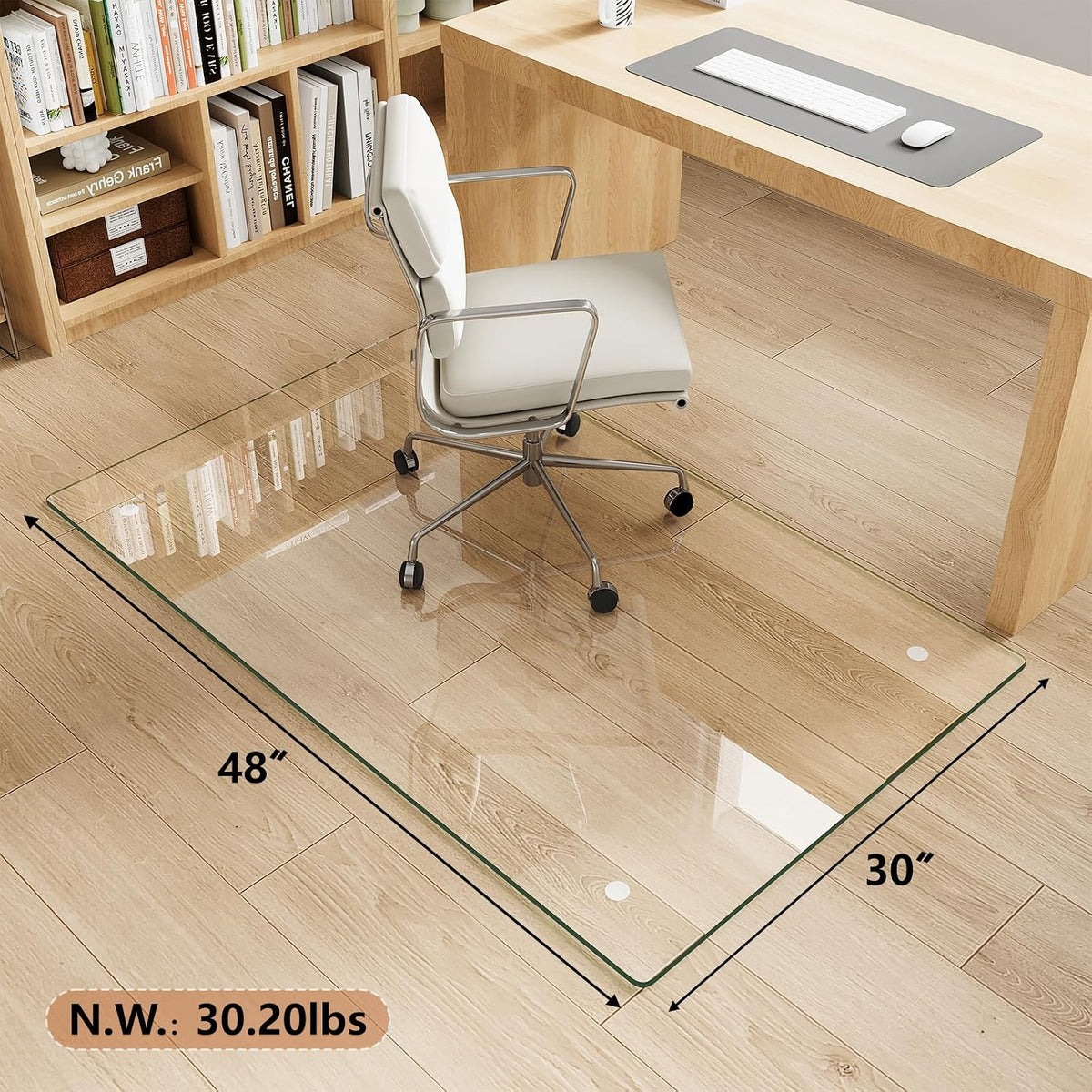 30" x 48" Tempered Glass Chair Mat for Carpet & Hard Floors | 0.19" Thick Tempered Glass, 1000lbs Heavy Duty, Scratch Resistant, Non-Slip, Quiet Rolling, For Carpet&Hard Floors