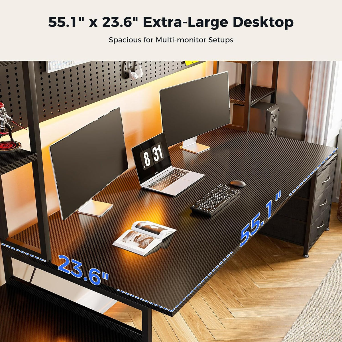 AODK 79 Inch Gaming Desk with Shelves & DIY Pegboard, PC Desk with Drawers