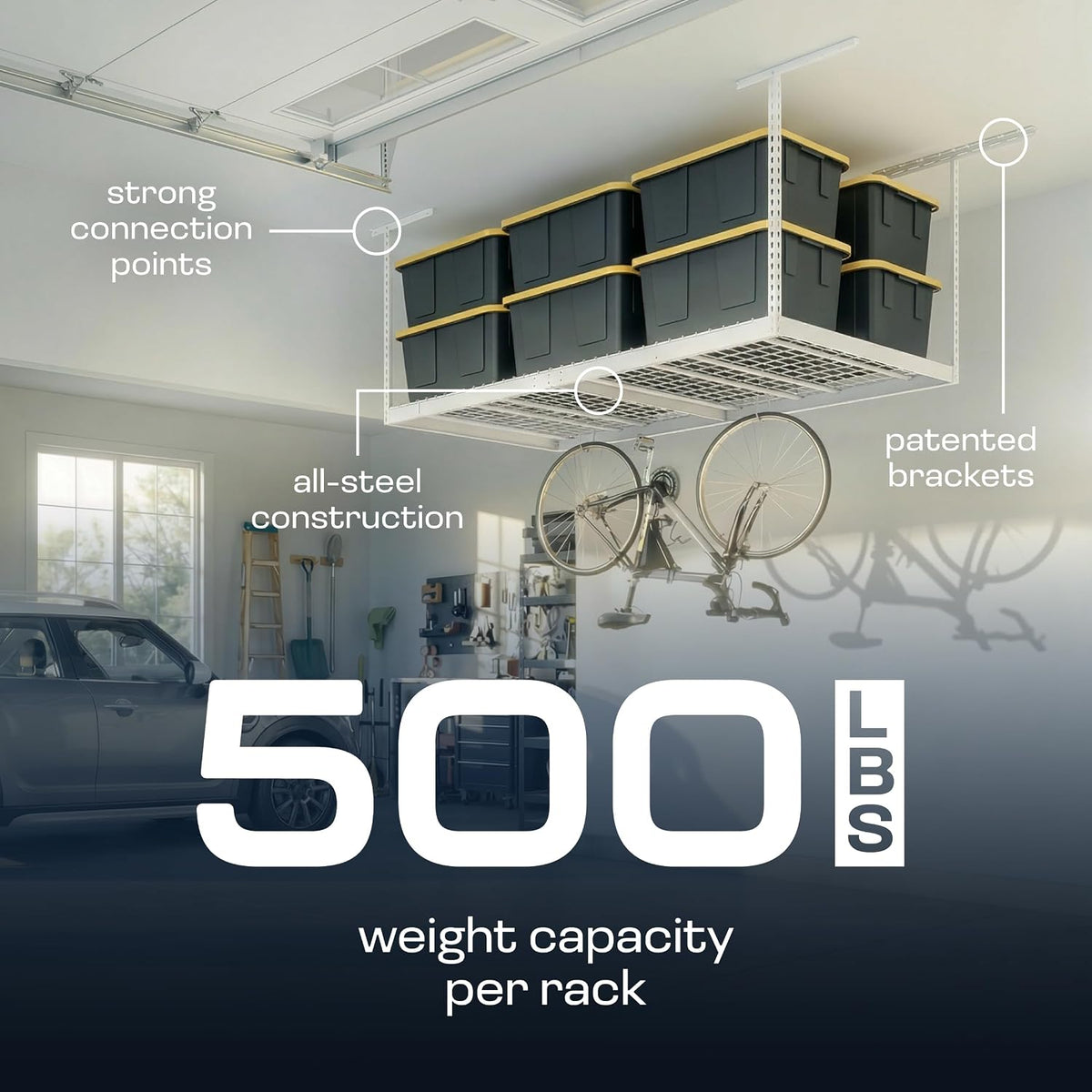 monsterrax 2-pack 4x8 overhead garage storage rack, white, side view
