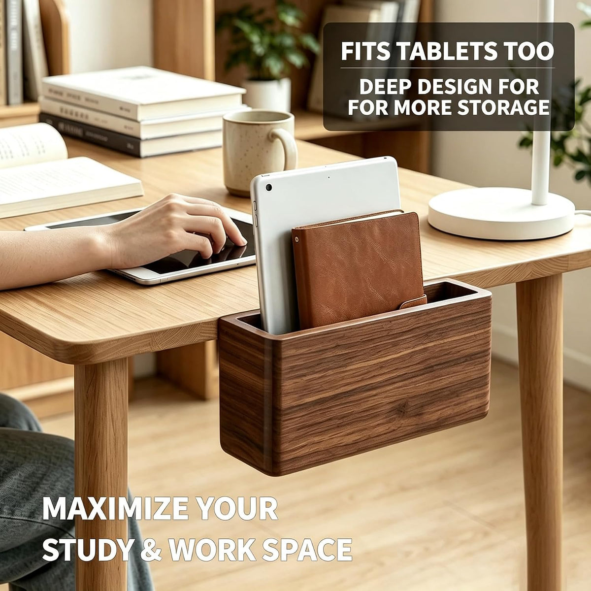 Clamp-on Desk Side Storage Rack,Wooden Side Desk Organizer Walnut