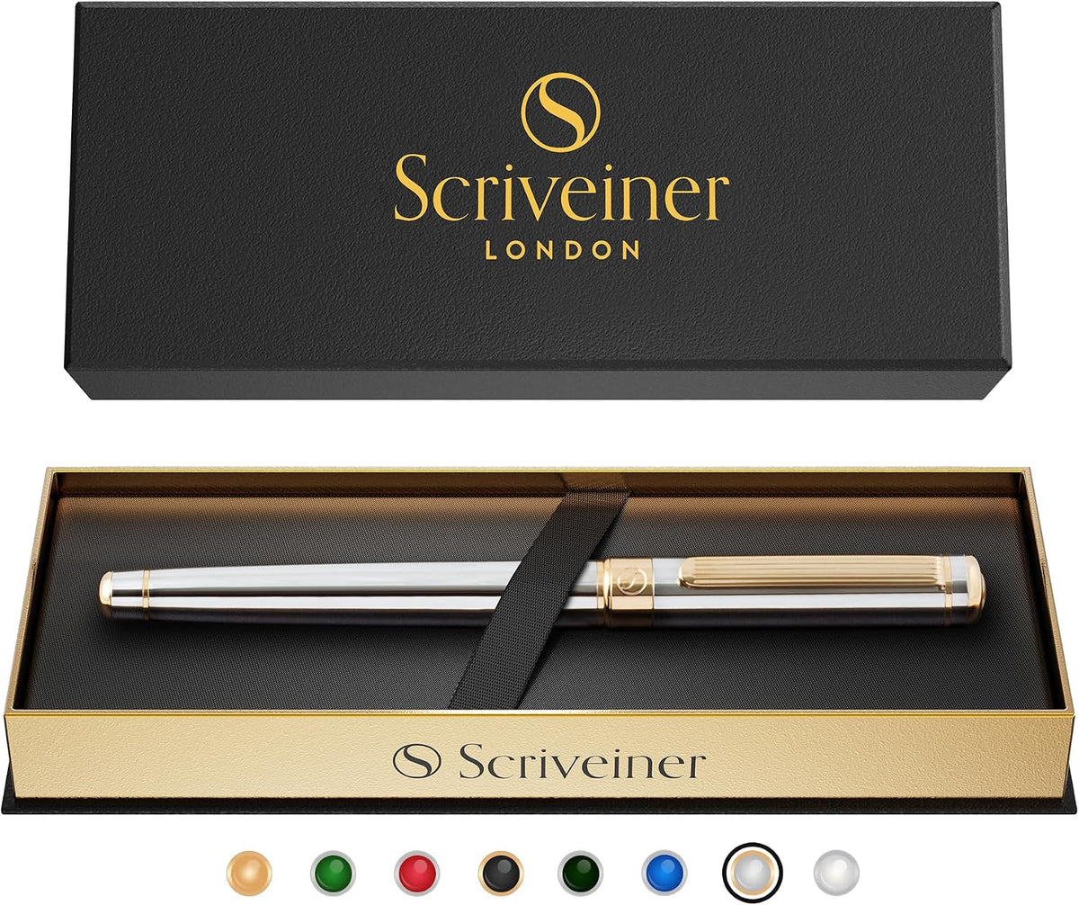 Scriveiner Silver Chrome Rollerball Pen - Stunning Luxury Pen, Real Gold Plat...