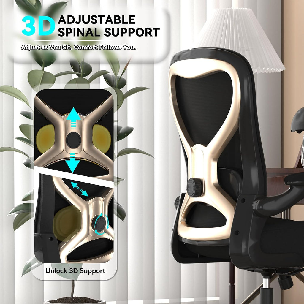 Ergonomic Home Office Chair, 4-Way Lumbar, Thick Cushion, 330LBS | Adjustable Lumbar (up/down/in/out), Rocking Mesh Back, Flip-up Arms, Easy Assembly, Ideal for home offices & small workspaces
