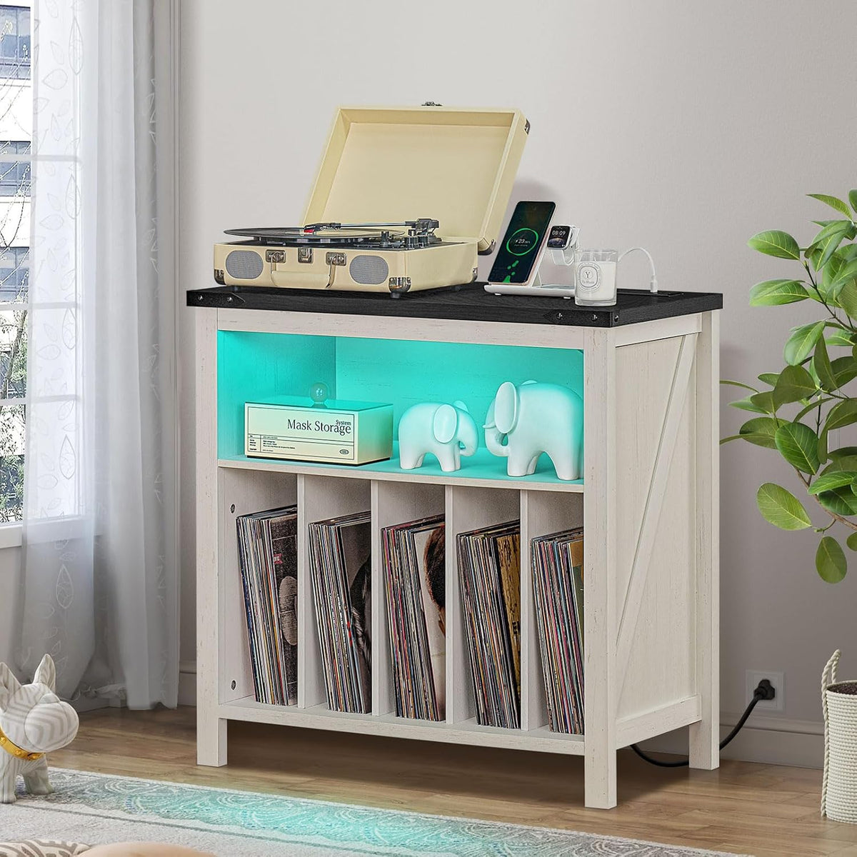 Joaxswe Large Record Player Stand with Charging Station & LED Lights, Vin...
