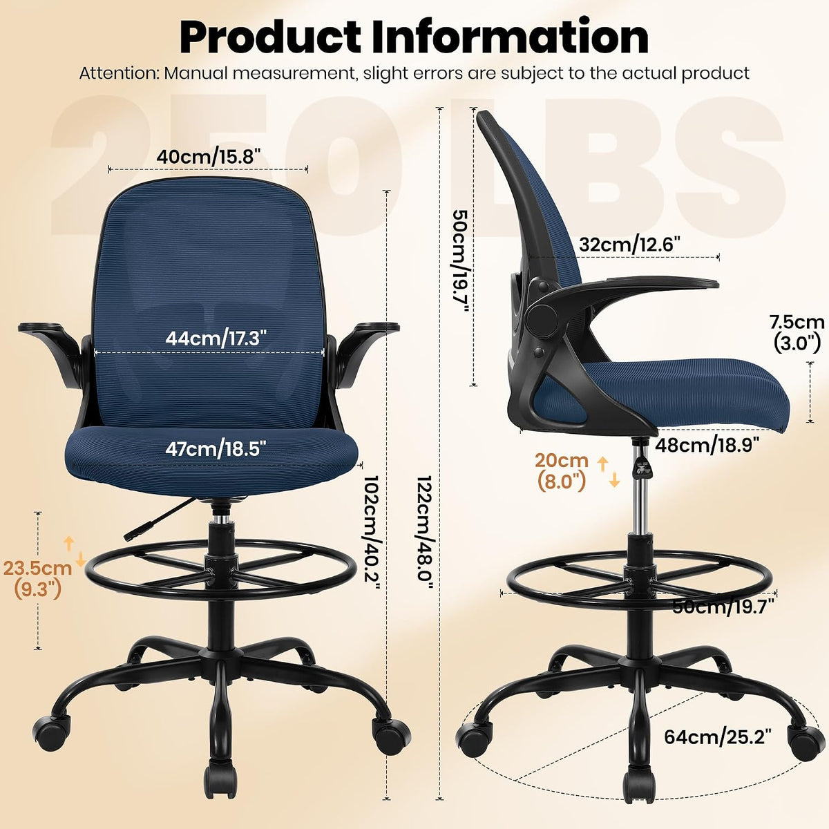 Primy Drafting Chair Tall Office Chair with Flip-up Armrests Executive Ergono...