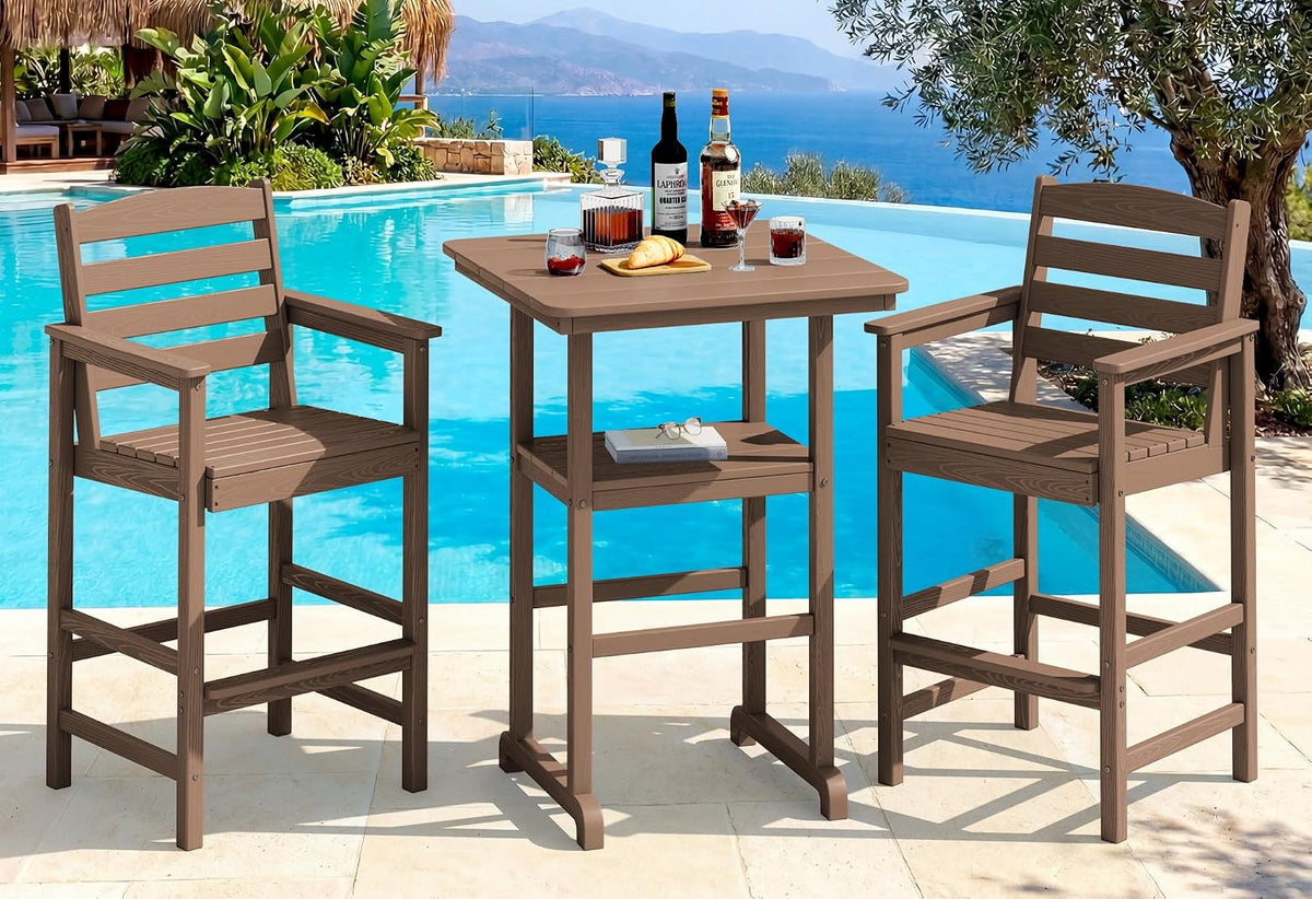 SERWALL 3 Pcs HDPE Bar Height Chairs and Double Layer Pub Table Set, Brown