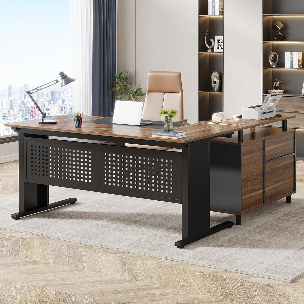 Tribesigns 63 Inch Executive Desk with File Cabinet, L Shaped Office Desk