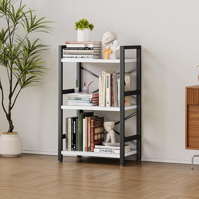 Homeiju Bookshelf, 3 Tier Industrial Bookcase, Metal Small Bookcase, Rustic - Image 8