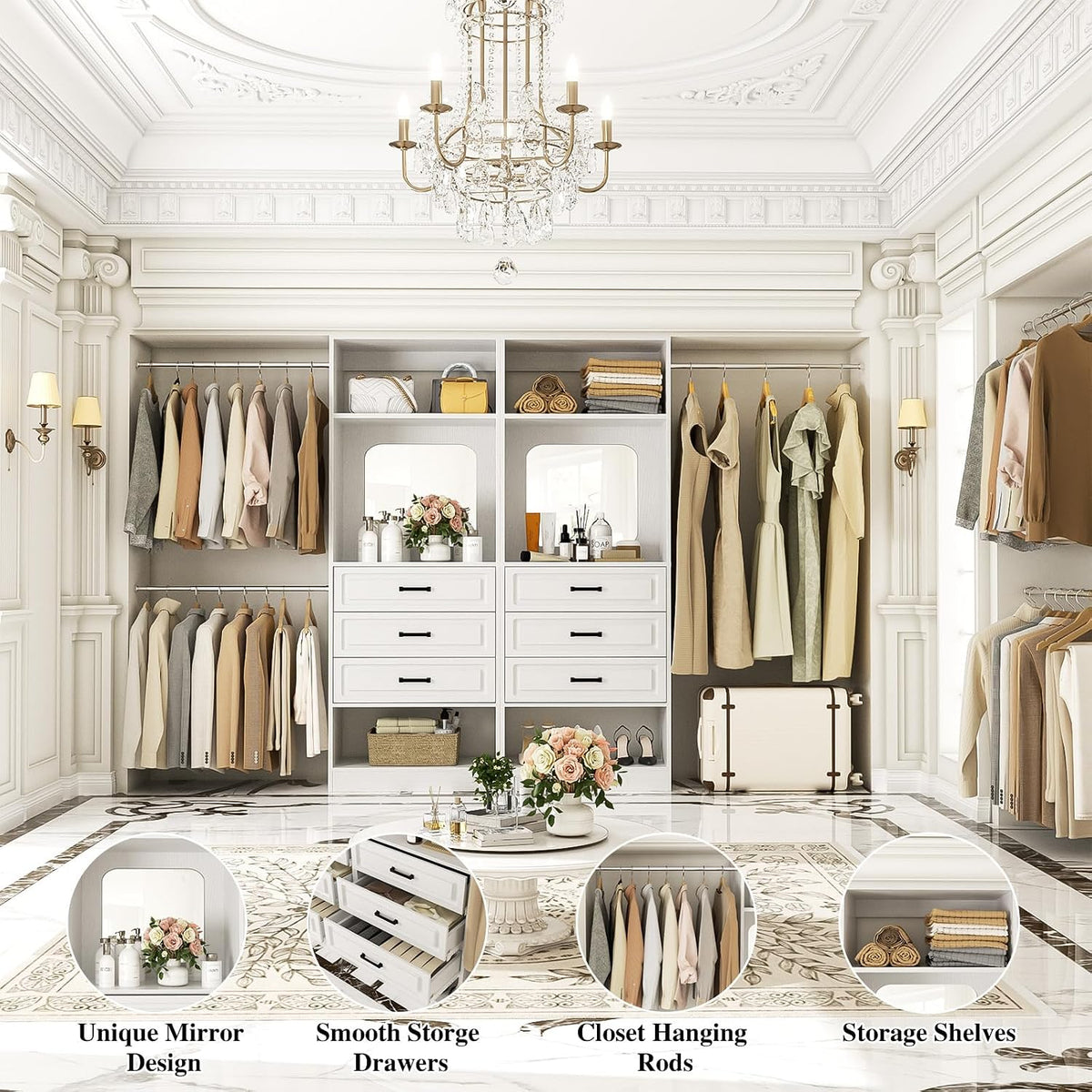 Unikito 6-14FT Wood Closet System with 6 Drawers and Mirror, White