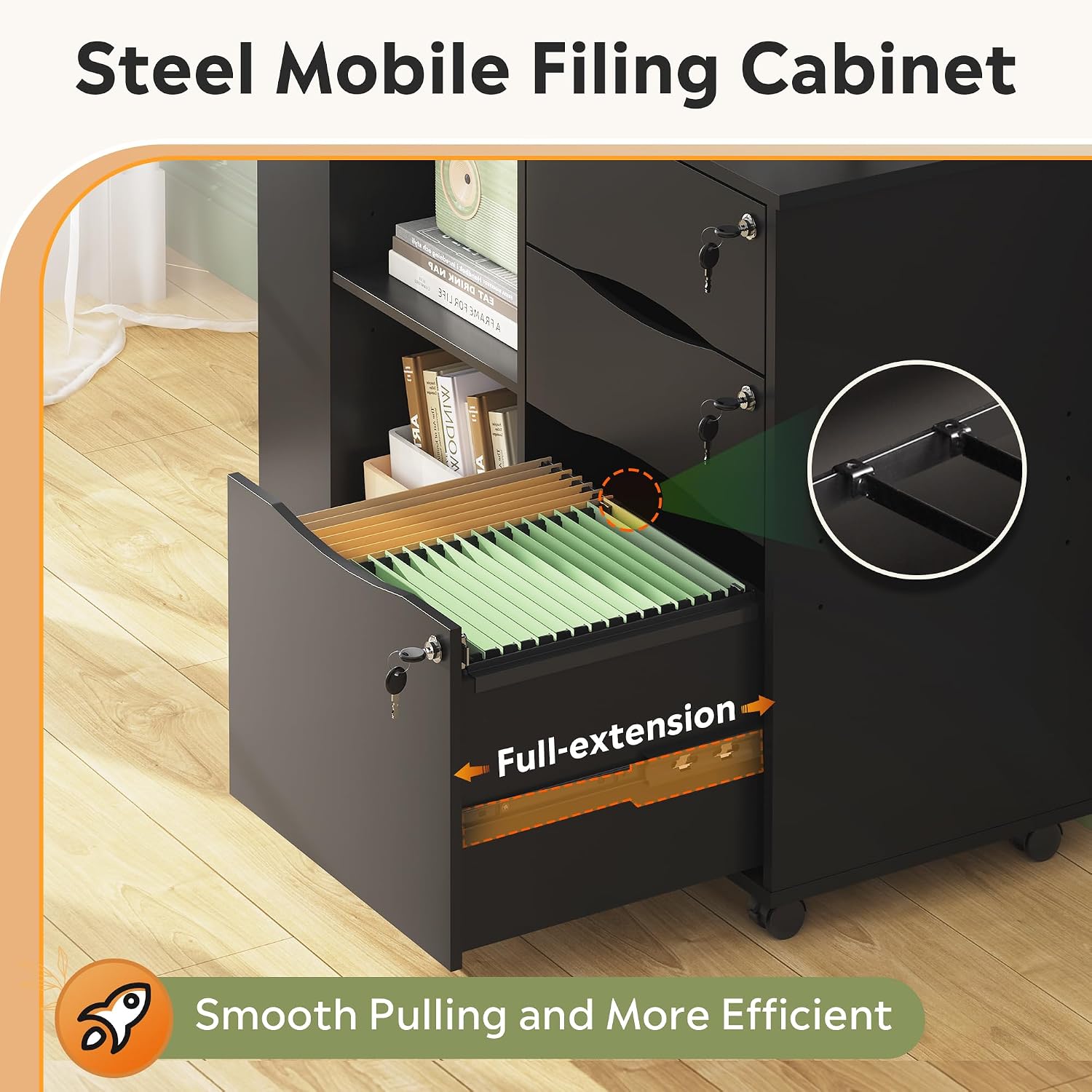 DEVAISE 3 Drawer Lateral Rolling File Cabinet with Lock (Black) | Wood, Charging Station, Open Storage Shelves, Letter & A4 Files, Printer Stand, Home Office
