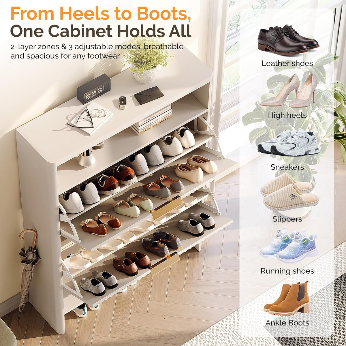 VINGLI White Slim Shoe Cabinet with Curved Edges, Modern Hidden Shoe Storage ...