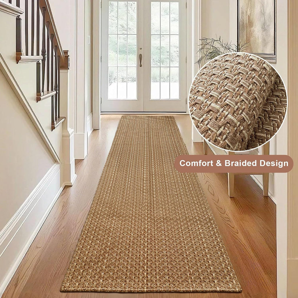 tan brown faux jute runner rug 2x6 ft,braided shown in use
