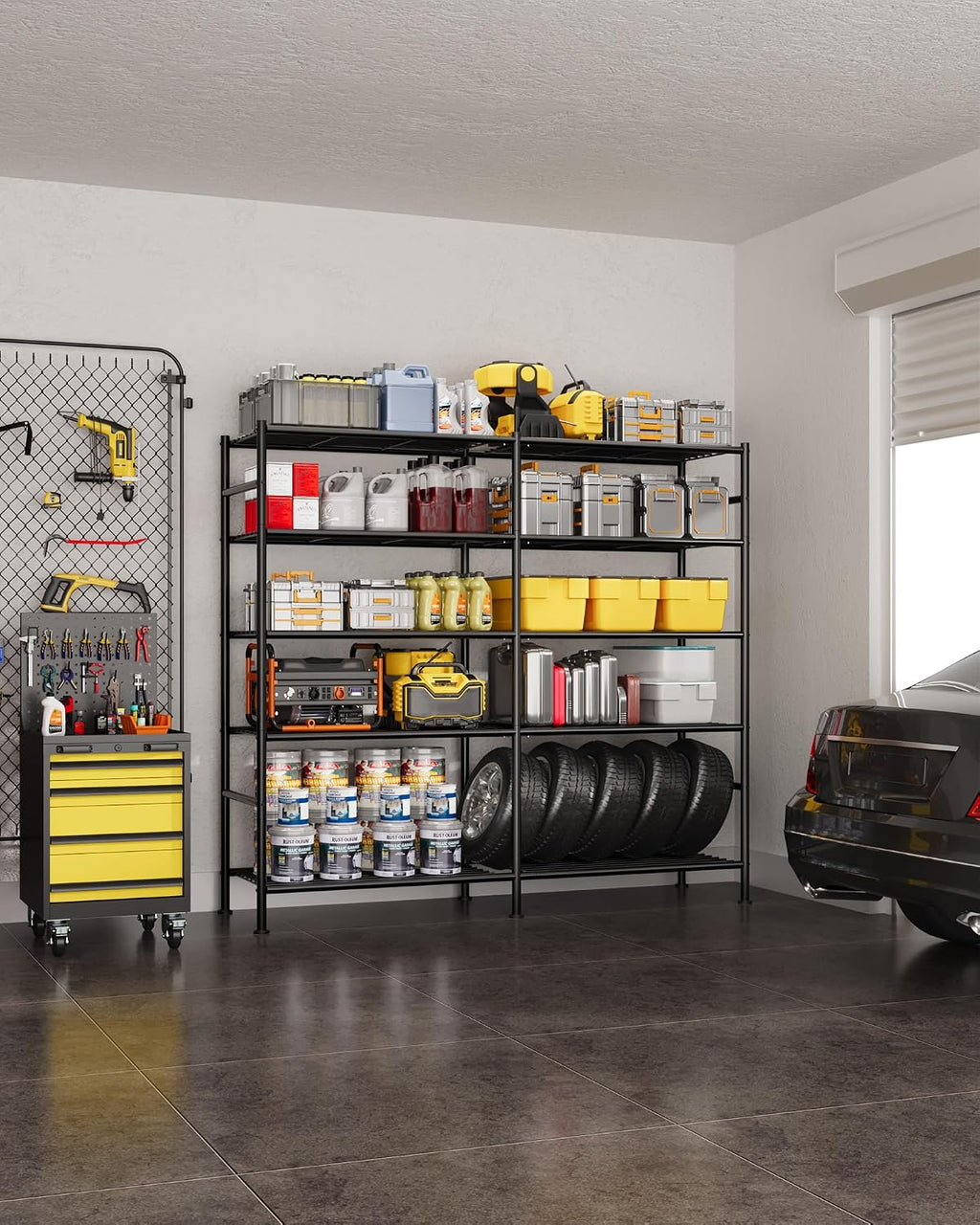 sakugi 5-tier heavy-duty garage storage shelves, 59.1"x15.7"x69.2", black shown in use