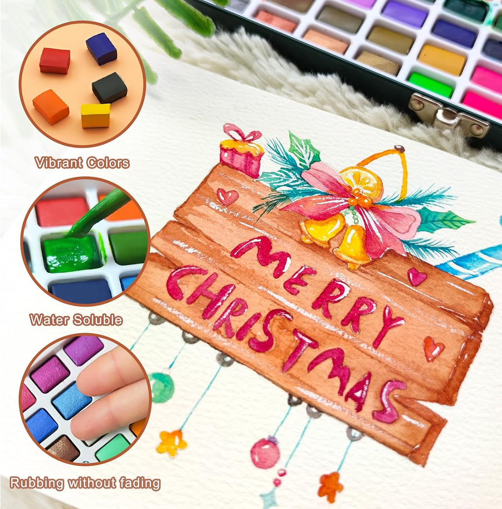 artecho 168-color watercolor paint set with metallics, tin showing dimensions