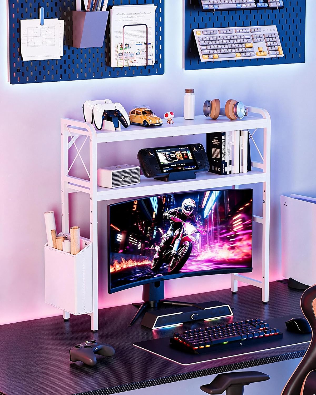 Desk Hutch Dorm with Adjustable Shelves and Side Pockets