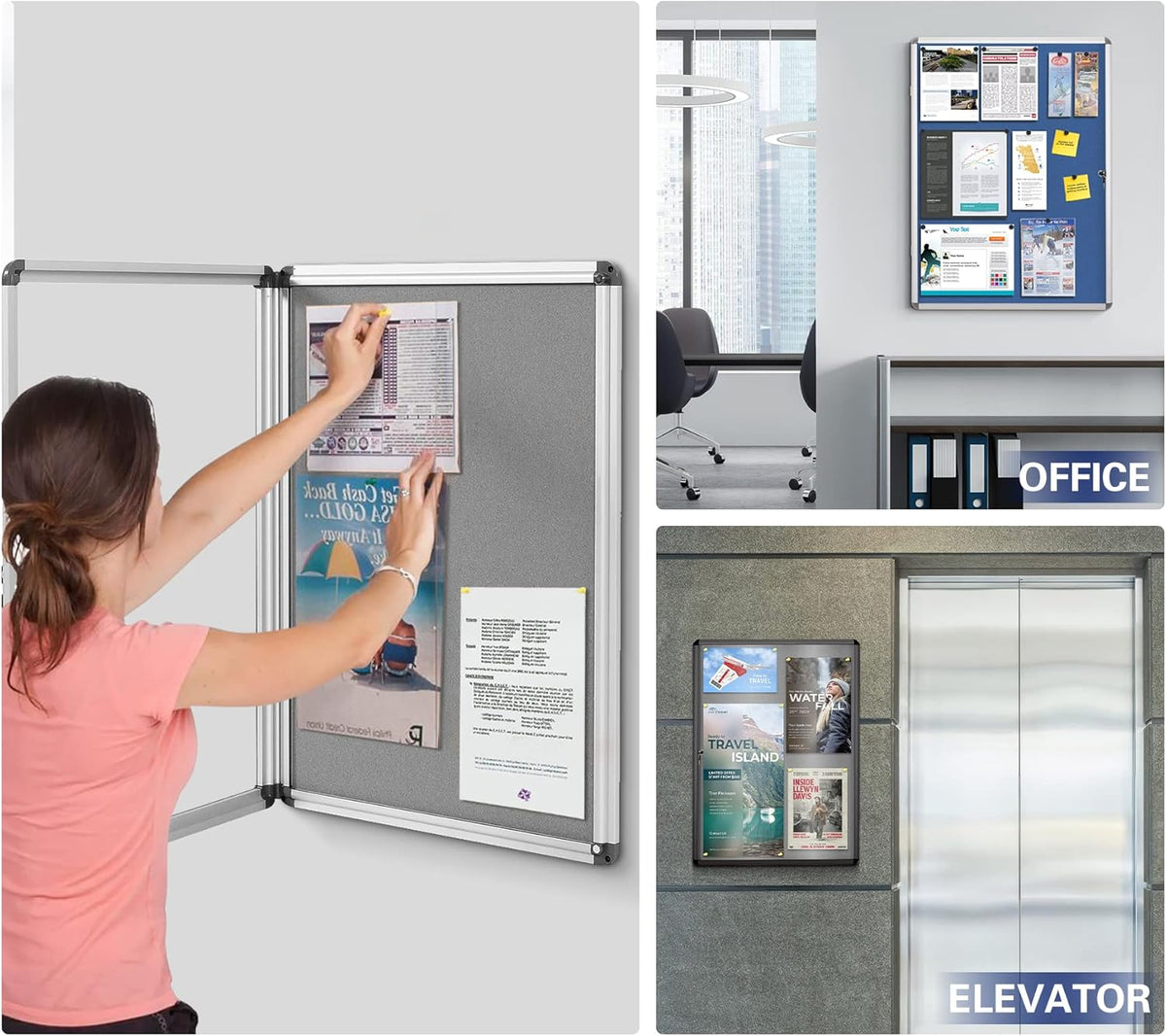 SWANCROWN 38x28 in Enclosed Bulletin Board, Locking Display Felt Board Grey