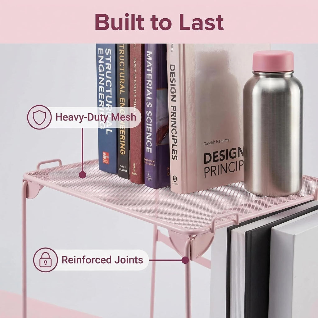 Neudeco Pack 2, Mesh Locker Shelf, Stackable Extra Tall Locker Organizer, Collapsible and Metal Build, Fits Standard Size School Locker, Suitable for Work, Kitchen, Bathroom (Pink)