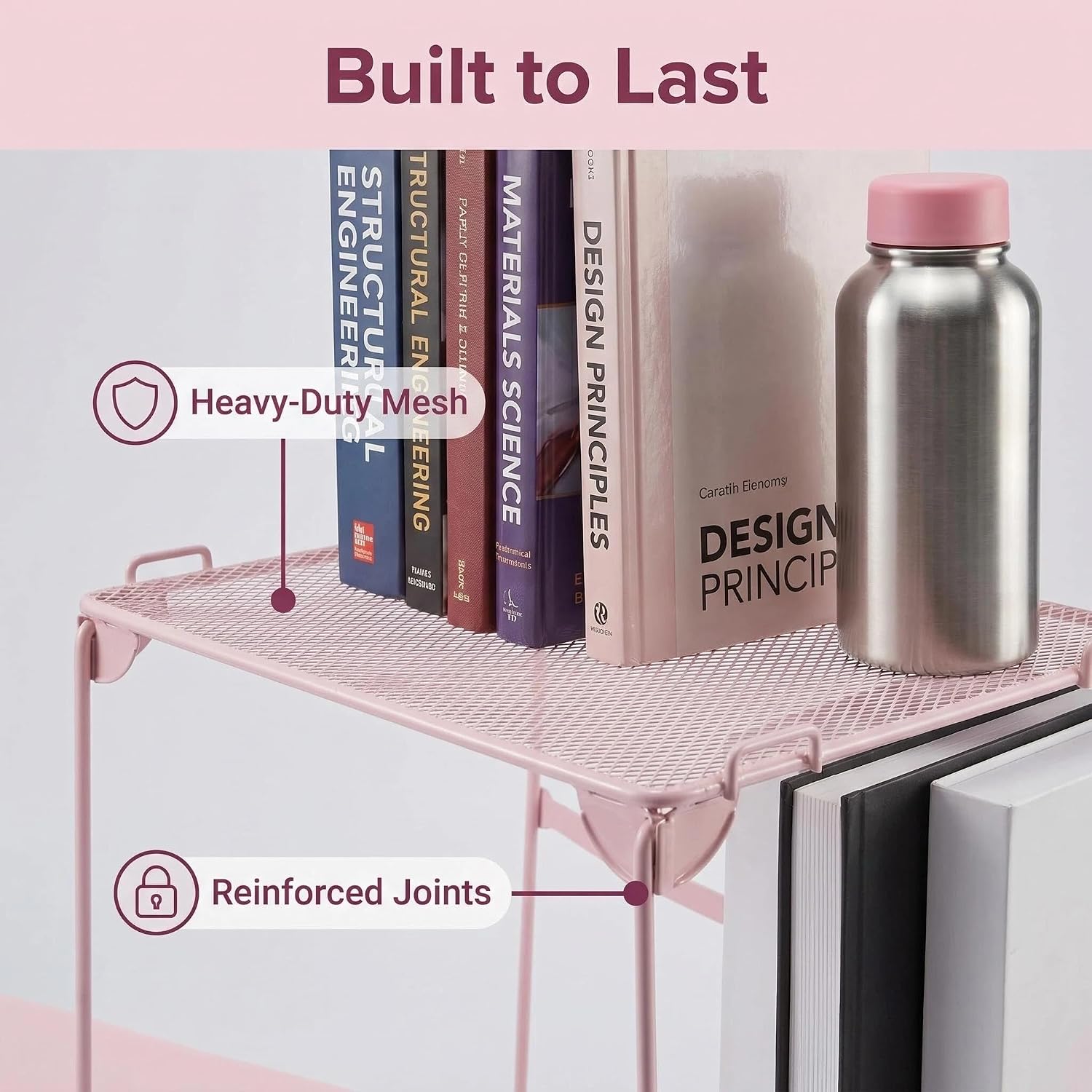Neudeco Pack 2, Mesh Locker Shelf, Stackable Extra Tall Locker Organizer, Collapsible and Metal Build, Fits Standard Size School Locker, Suitable for Work, Kitchen, Bathroom (Pink)