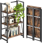 4NM No Assembly Folding Bookshelf Storage Shelves 3 Tiers Vintage Bookcase