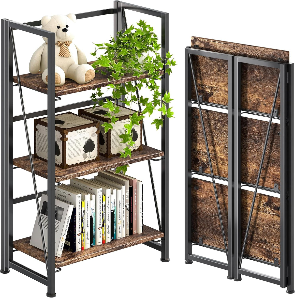 4NM No Assembly Folding Bookshelf Storage Shelves 3 Tiers Vintage Bookcase