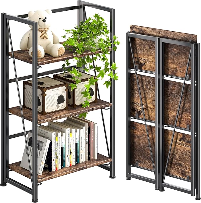 4NM No Assembly Folding Bookshelf Storage Shelves 3 Tiers Vintage Bookcase by 4NM