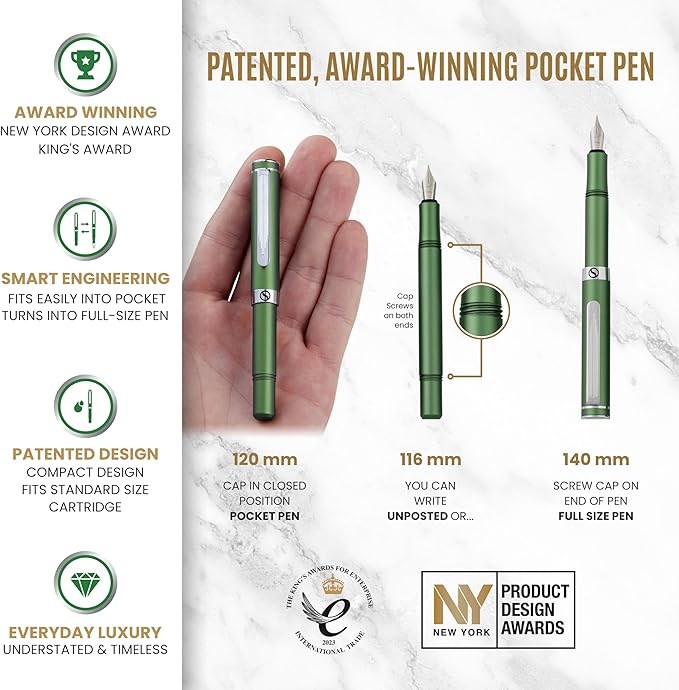 Scriveiner Personalized Luxury EDC Fountain Pen, Stunning Matt Green Pocket Pen - Image 4
