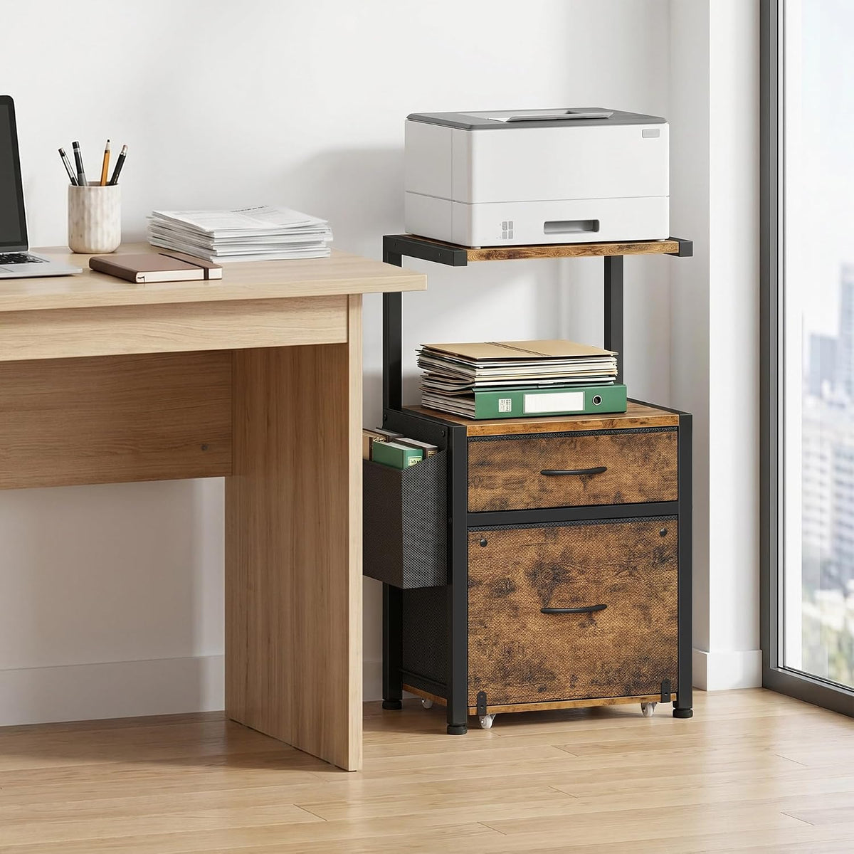 HIGDBFE File Cabinet with 2 Fabric Drawers and Printer Stand, Rustic Brown