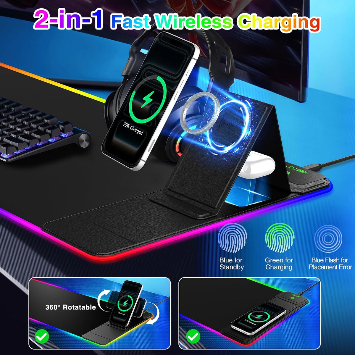RGB Gaming Mouse Pad with Magnetic Wireless Charging & Foldable Phone Stand