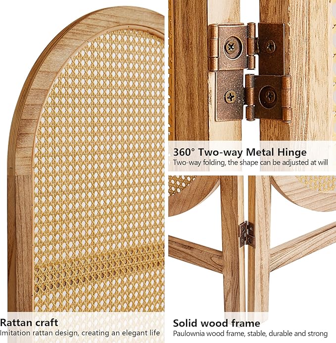 Asnefeli Room Divider 3 Panels, Hand-Woven Rattan Room Divider Wall, Foldable - Image 5