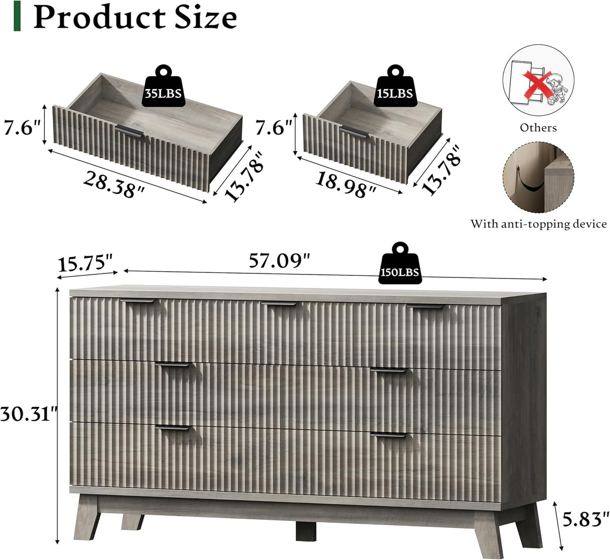 Xixini Fluted Dresser with 7 Drawers, 58" Wide Modern Chest of Drawers w...