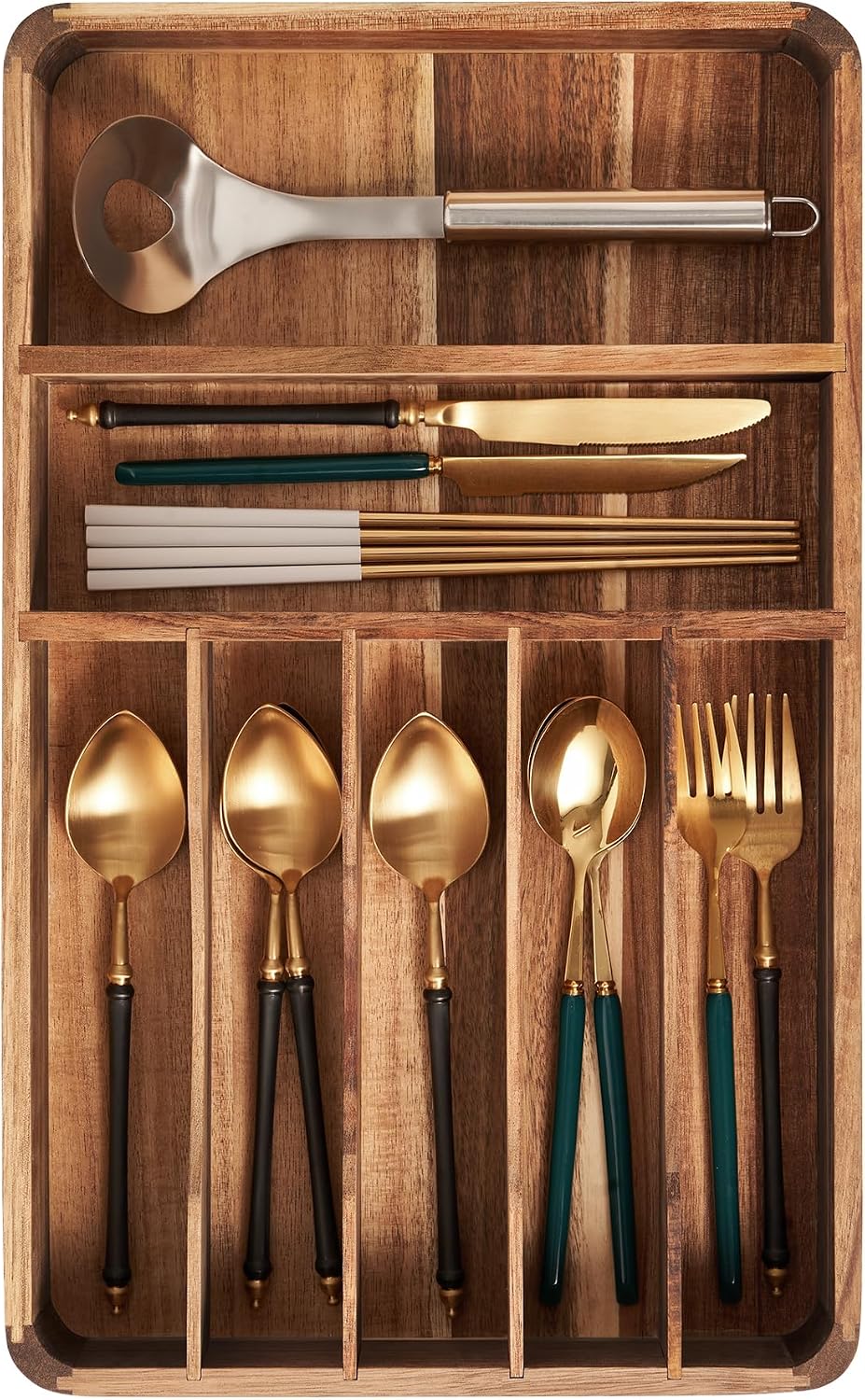 Silverware Drawer Organizer, Acacia Wood Tray for Cutlery & Flatware | 7-...
