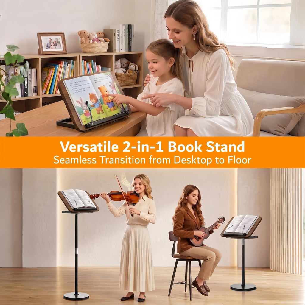 2-in-1 Floor & Desktop Book Stand with Large 16.5"x11.8" Wood Panel | Height Adjustable 16.5"-51" Ergonomic Bookstand with Page Clips for Textbooks, Music Sheets, Recipes, Laptops (Walnut Finish)