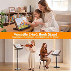 2-in-1 Floor & Desktop Book Stand with Large 16.5"x11.8" Wood Panel | Height Adjustable 16.5"-51" Ergonomic Bookstand with Page Clips for Textbooks, Music Sheets, Recipes, Laptops (Walnut Finish)