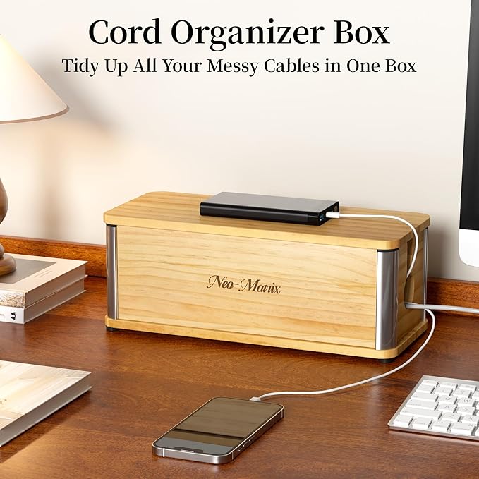 Delamu Wooden Cable Management Box, Retro-Inspired Look Desk Cord Organizer Box - Image 6