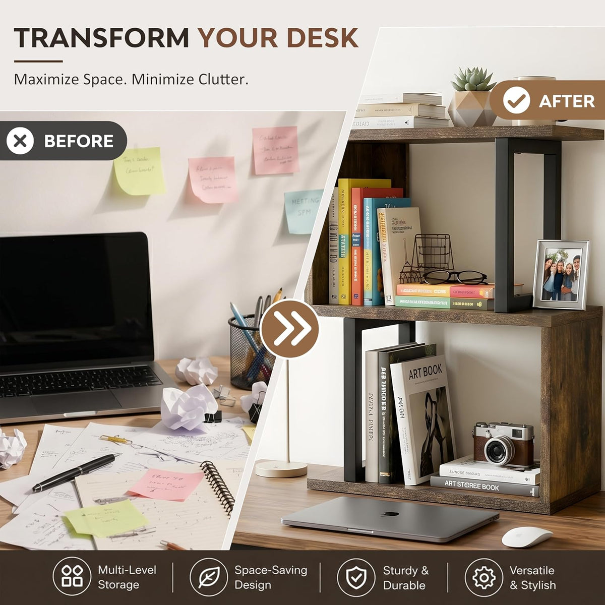 Desk Organizer & Desk Hutch Shelf, Wood, Rustic Brown