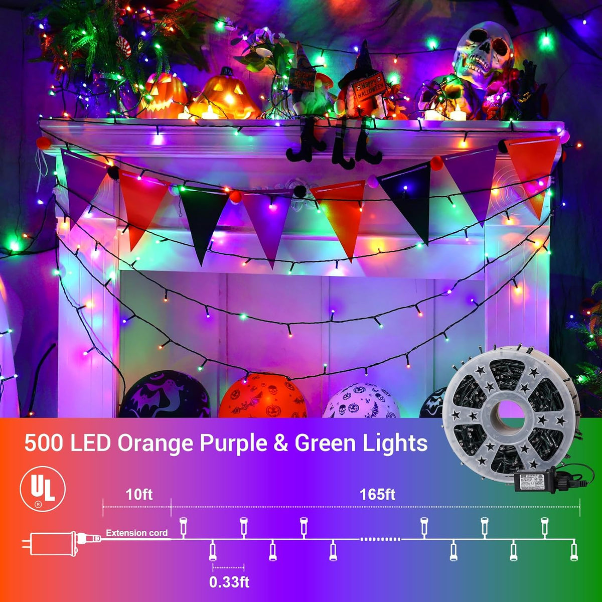YEGUO Orange Purple Green Halloween Lights Outdoor Waterproof - 165ft 500 LED...
