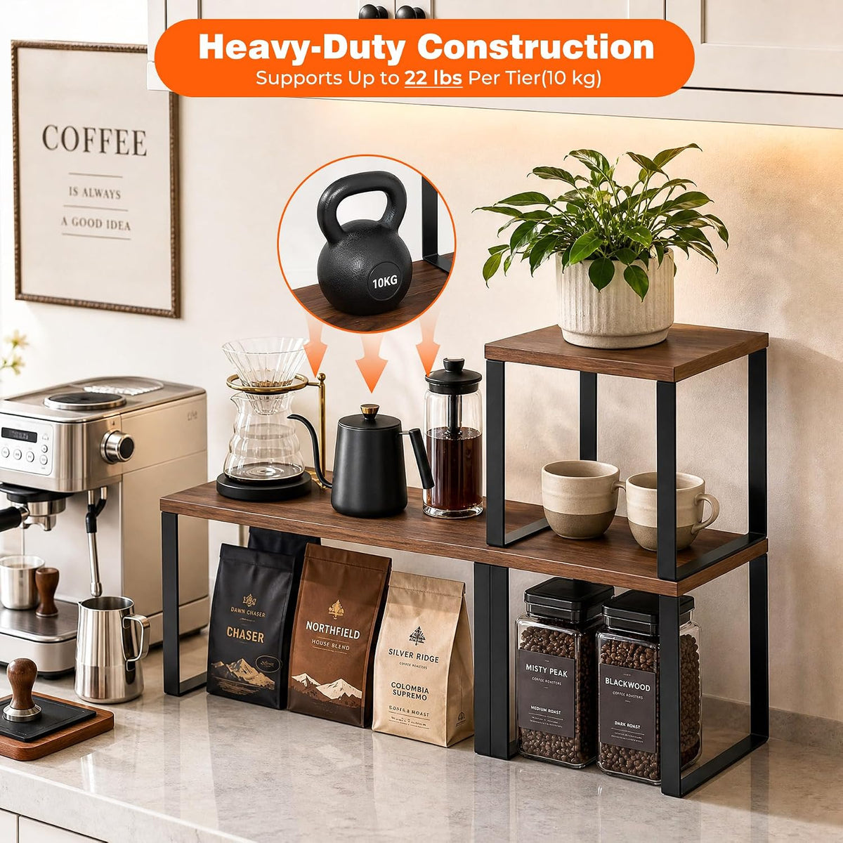 Countertop Organizer Corner Shelf, Wooden 2 Tier Stackable Kitchen Counter Sh...