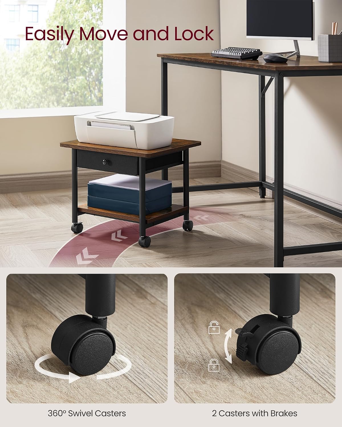 VASAGLE 2-Tier Printer Stand with Locking Wheels, Under Desk Printer Table