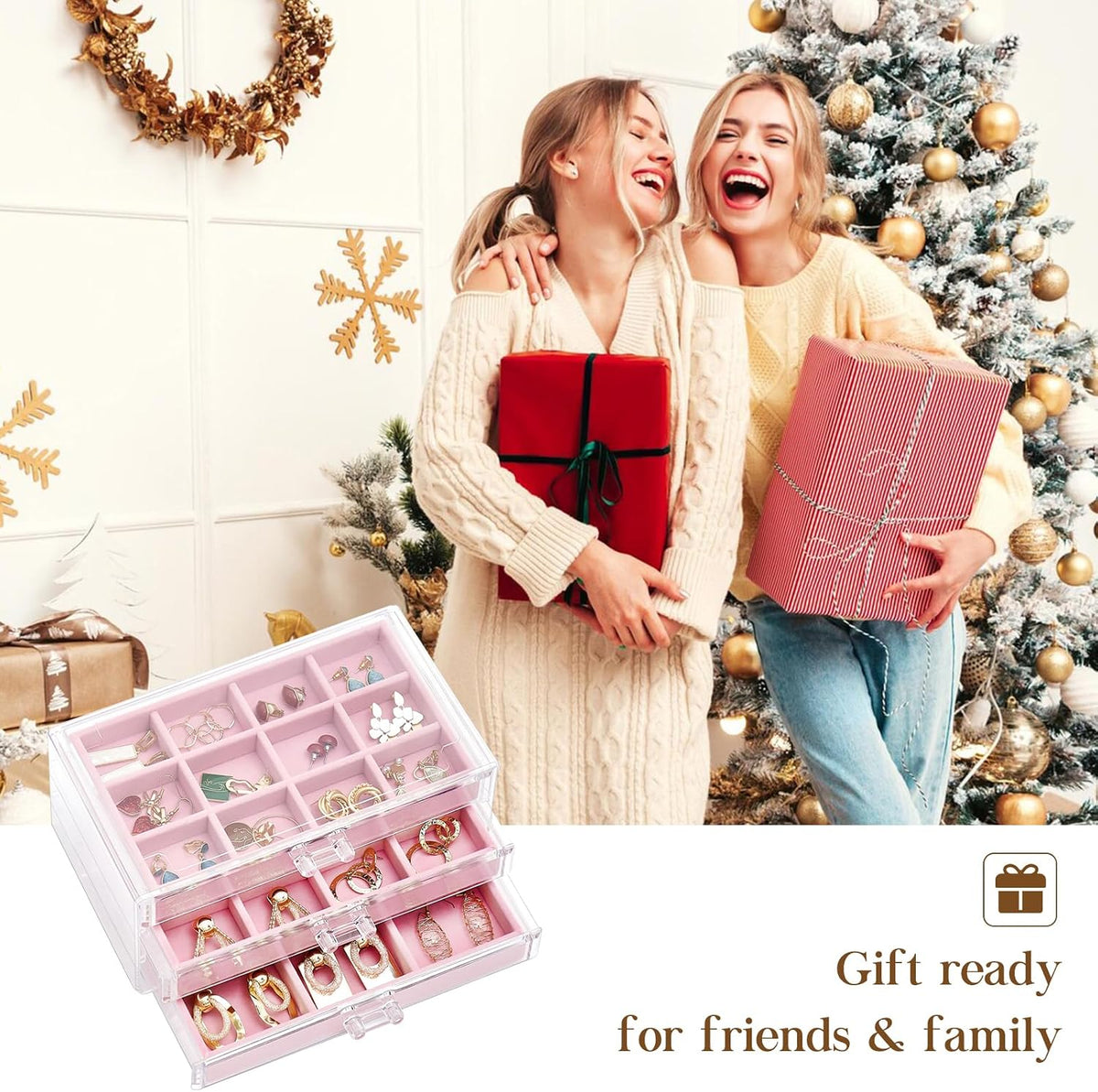 ProCase Earring Holder Organizer Jewelry Box with 3 Drawers, Pink
