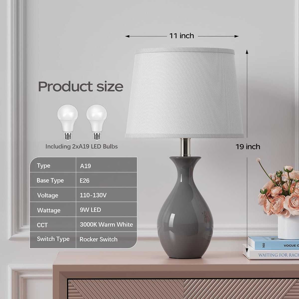PARTPHONER Table Lamp Set of 2, Modern Ceramic Bedside Lamps for Night Stands...