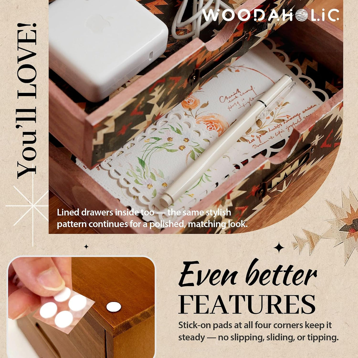 Boho Green Wooden Desk Organizer with Drawers – 4-Drawer Desktop Storage Box ...
