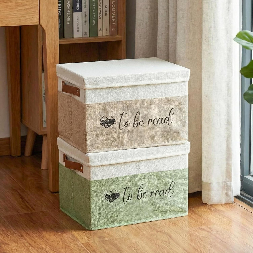 Marsui 1 Pcs Book Lover Gifts TBR Book Storage Basket with Lids,Camel | To Be Read Storage Bin, Linen with Leather Handles, Organizer for Paperback Novels, Bookish Gifts for Club Readers Teachers