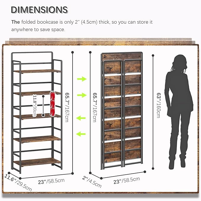 4NM No Assembly 5 Tiers Folding Bookshelf Storage Shelves Vintage Bookcase - Image 2